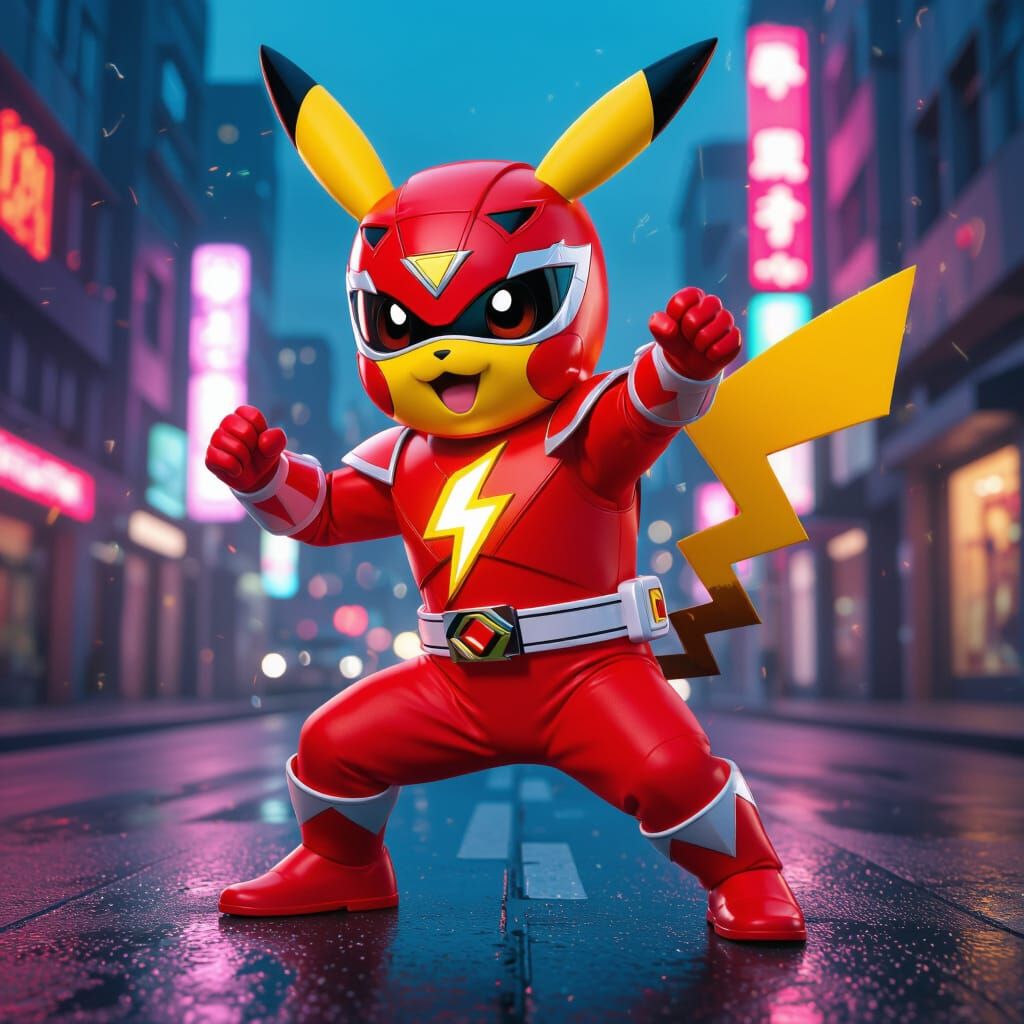 Pikachu as Red Power Ranger in Cyberpunk City