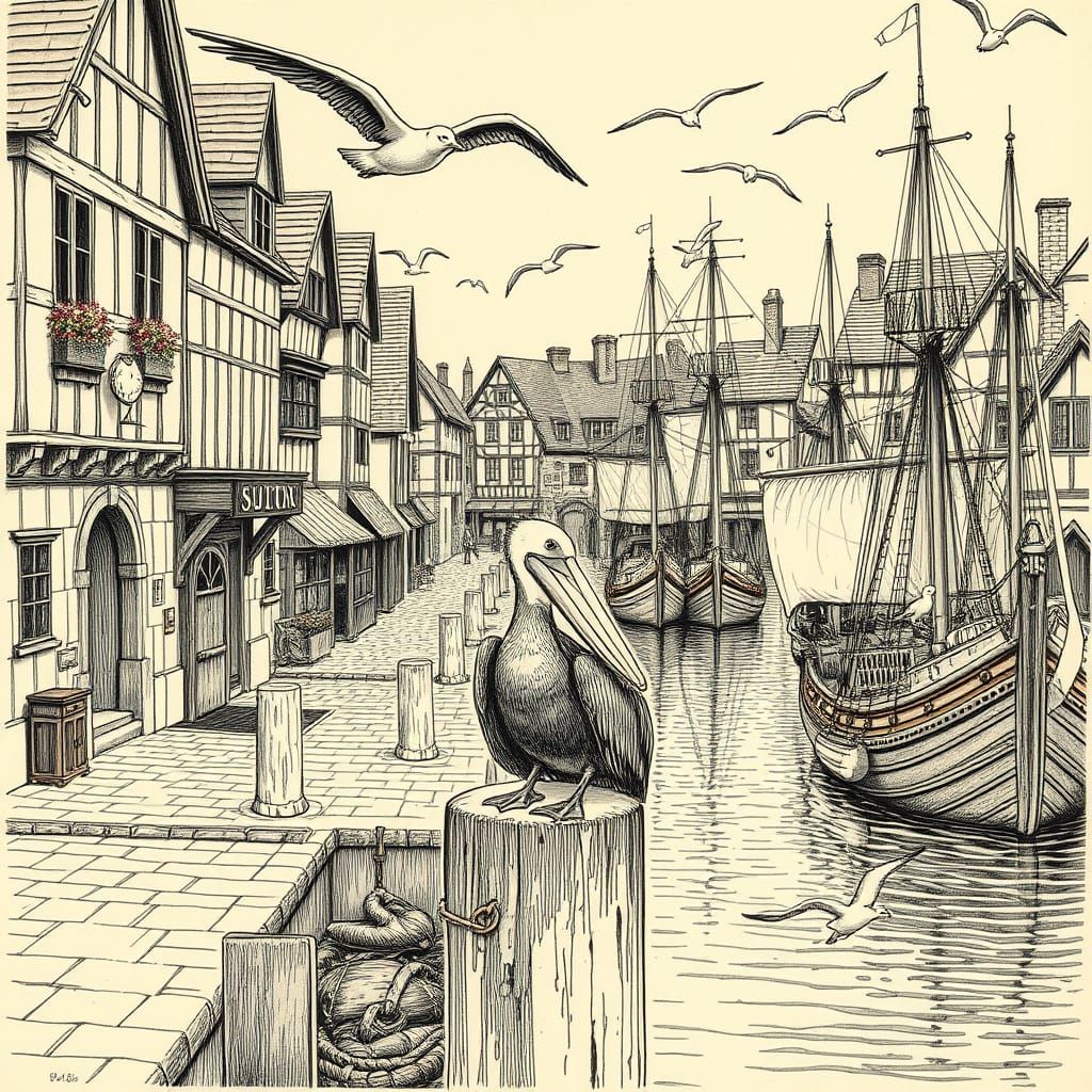 Medieval Wharf Scene with Pelican and Sailing Ships