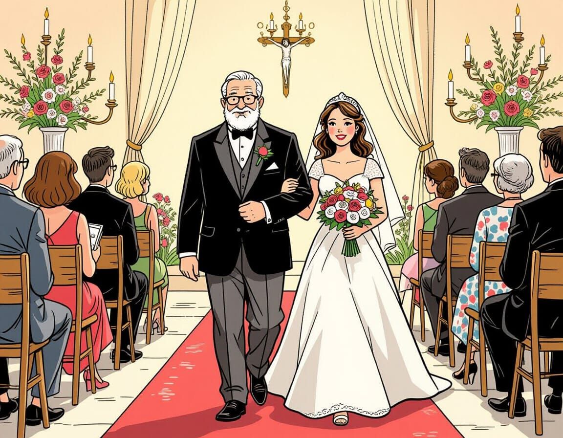 Proud Father Walking Daughter, Color Pencil Drawing