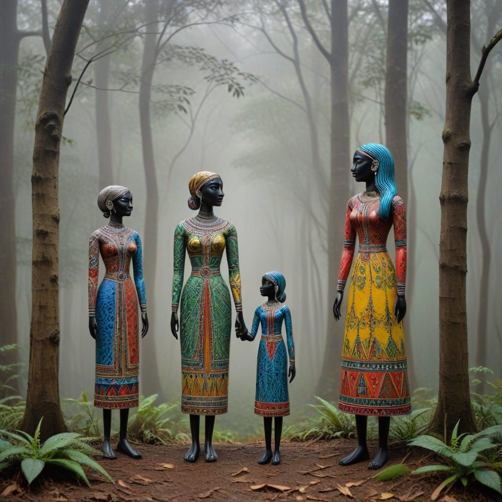 Thoughtful Family Portrait in Vibrant Madhubani Style