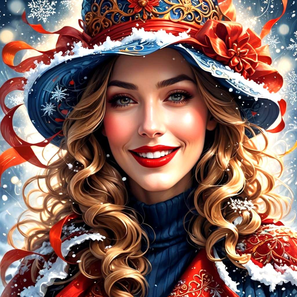 Stunning Girl with Red Lips in Snowy Scene