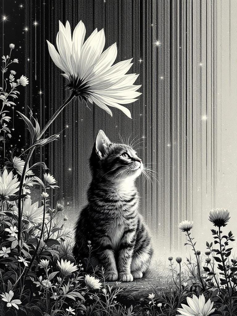 Cat Under Flower with Geometric Patterns