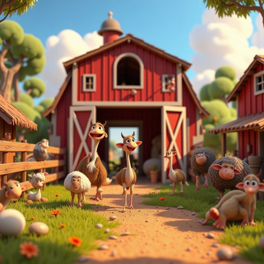 Pixar Style Farm with Animals and Barns