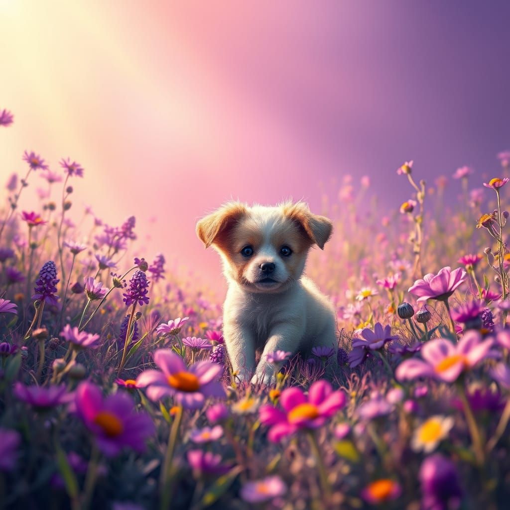 Vibrant Whimsical Puppy in a Dreamy Regal Purple Meadow