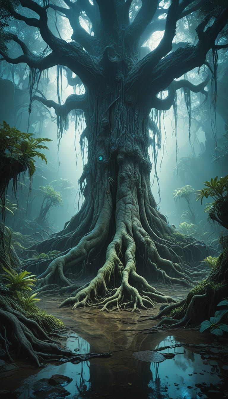 Ancient Bioluminescent Tree in Ethereal Alien Jungle