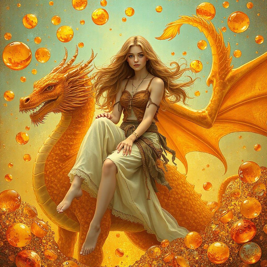Woman on Gummy Dragon in Effervescent Soda Sea