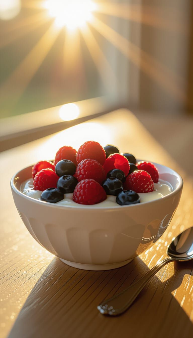 Photorealistic Healthy Breakfast Bowl with Yogurt and Berrie...