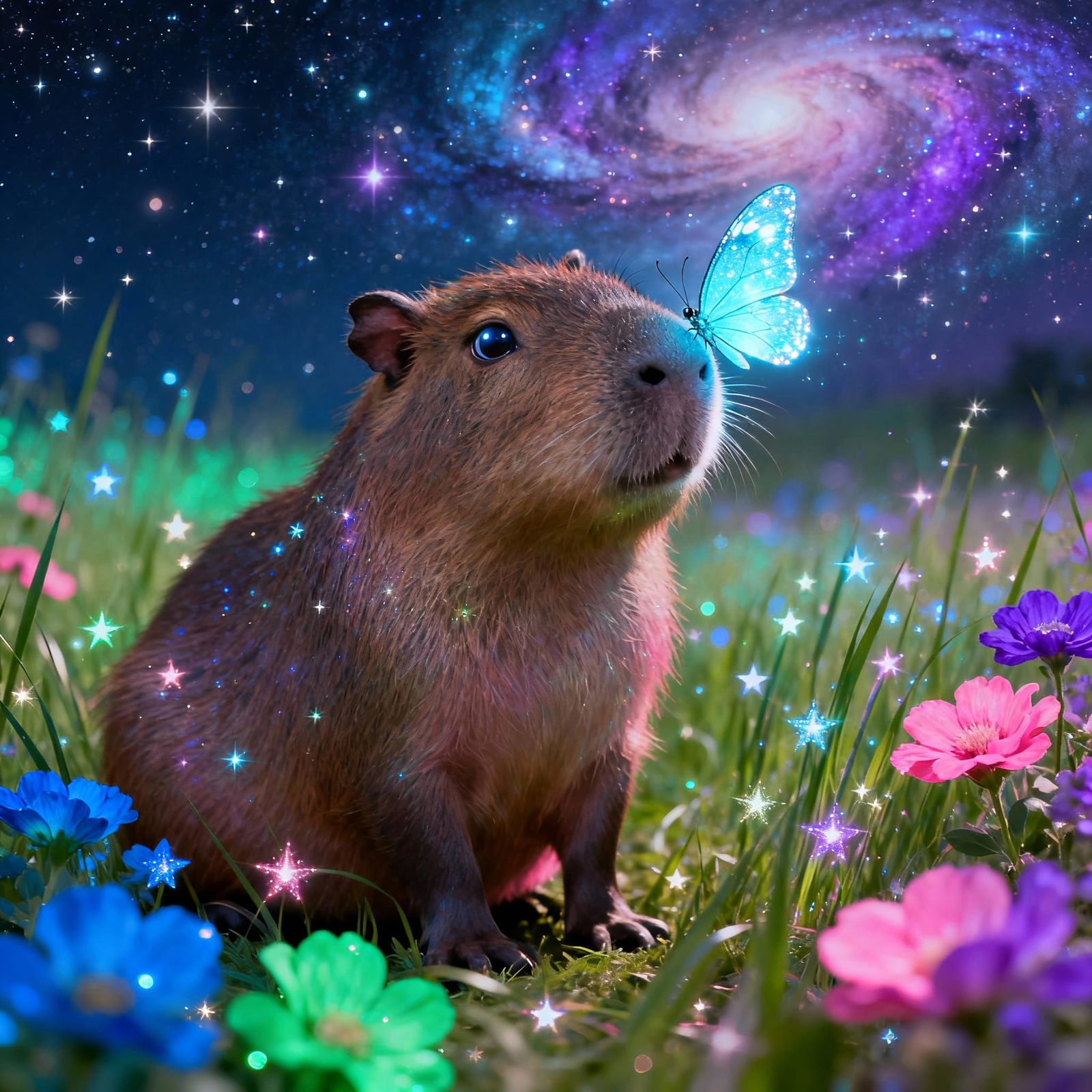 Hyperrealistic Capybara in Starry Field with Magic Butterfly