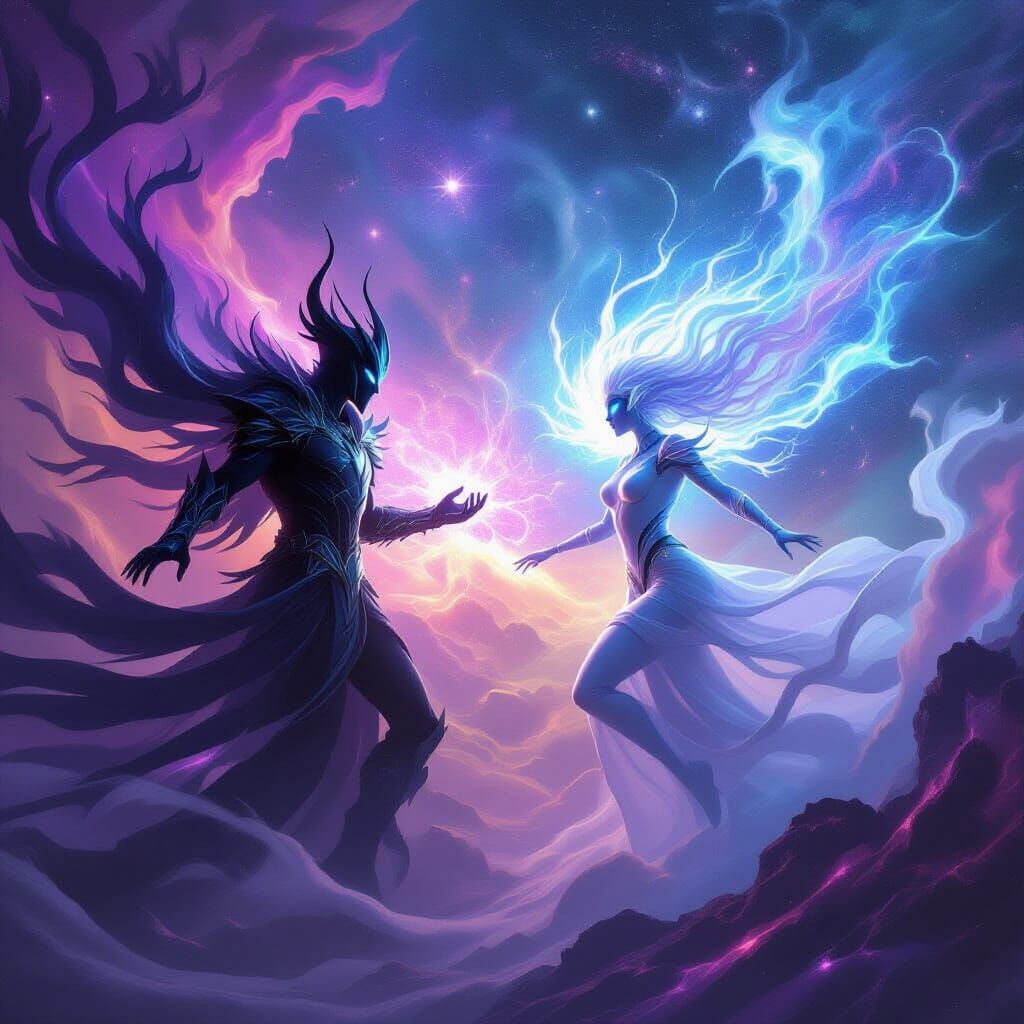 Cosmic Clash: Shadow King vs Starborn Rebel in Fantasy Art