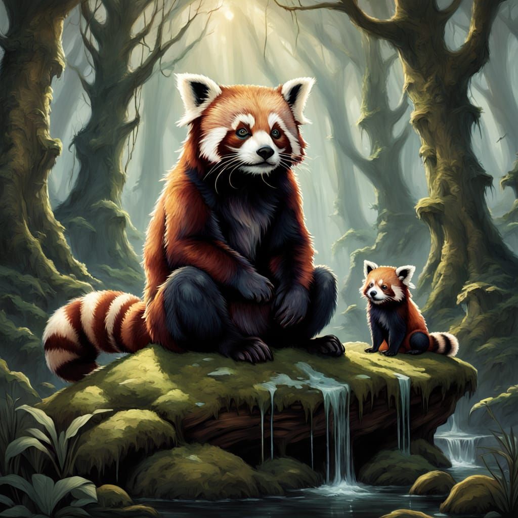 Red Panda King with Babies in Enchanted Forest