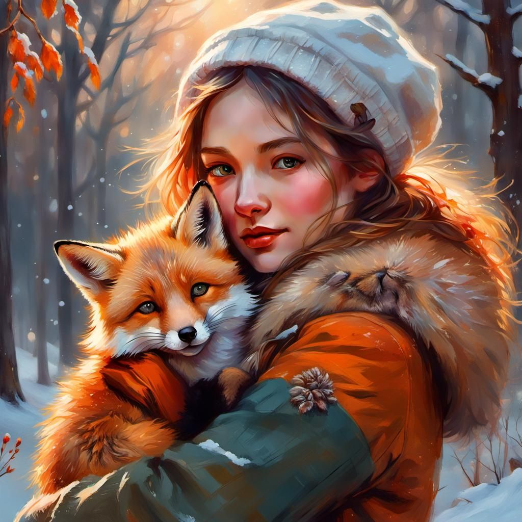 Girl and Fox in Winter Landscape Painting