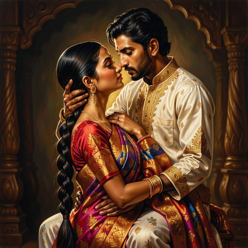 Indian Couple Kissing in Vibrant Saree, Hyperrealistic Style