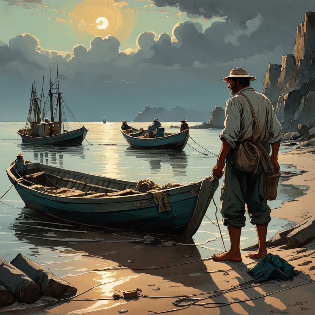 Weathered Fishermen on Rugged Shore