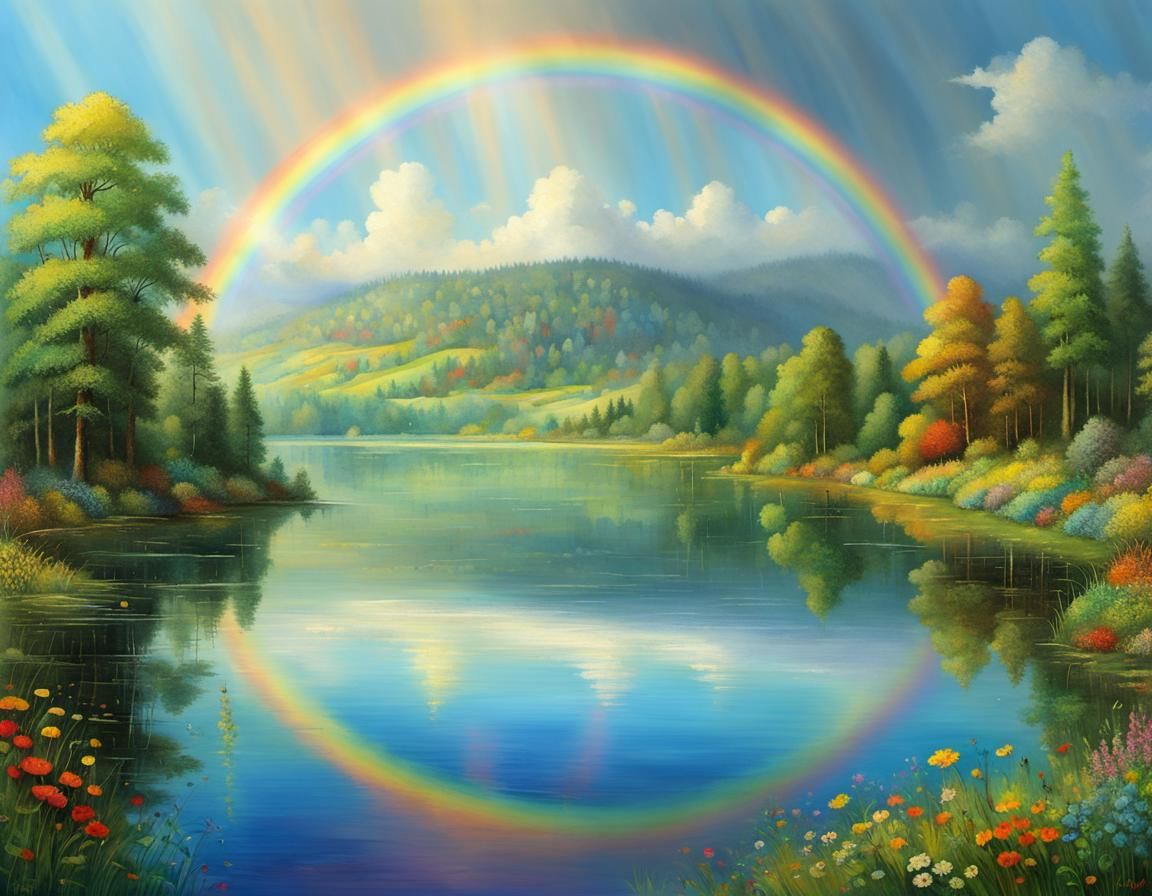 Rainbow Circle Reflected in Lake: Pixel-Art Illustration