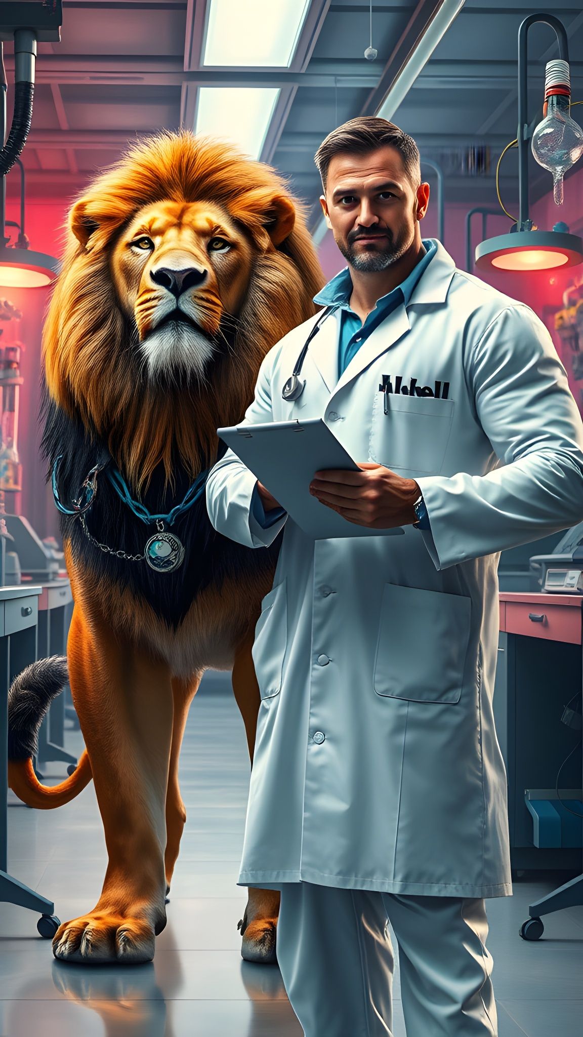 Scientist and Lion in Laboratory, Hyperrealistic Splash Art