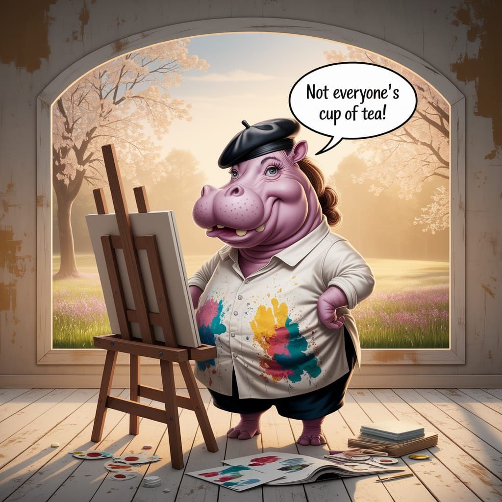 Whimsical Hippo Artist in a Rustic Studio