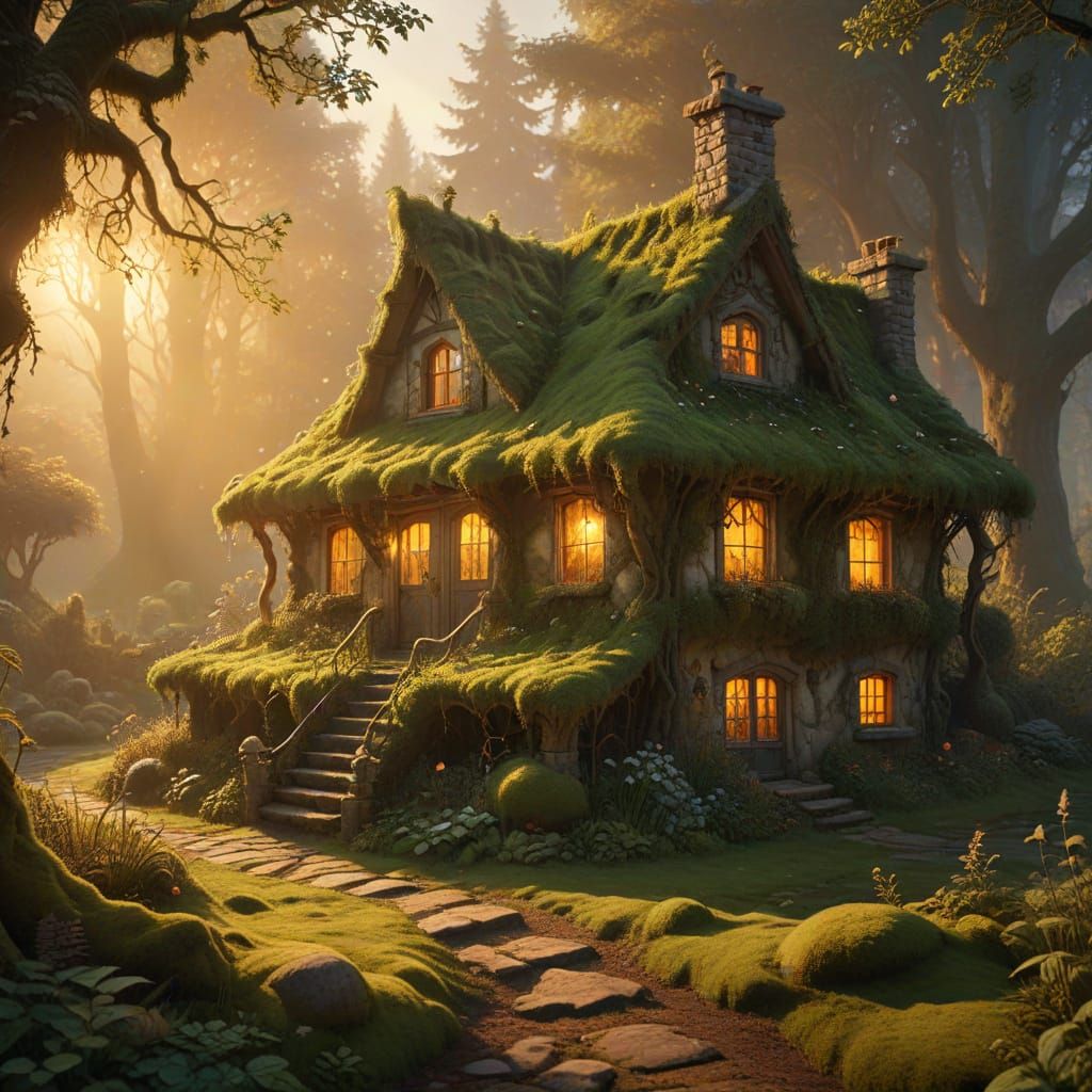 Moss Cottage in Enchanted Forest at Sunset