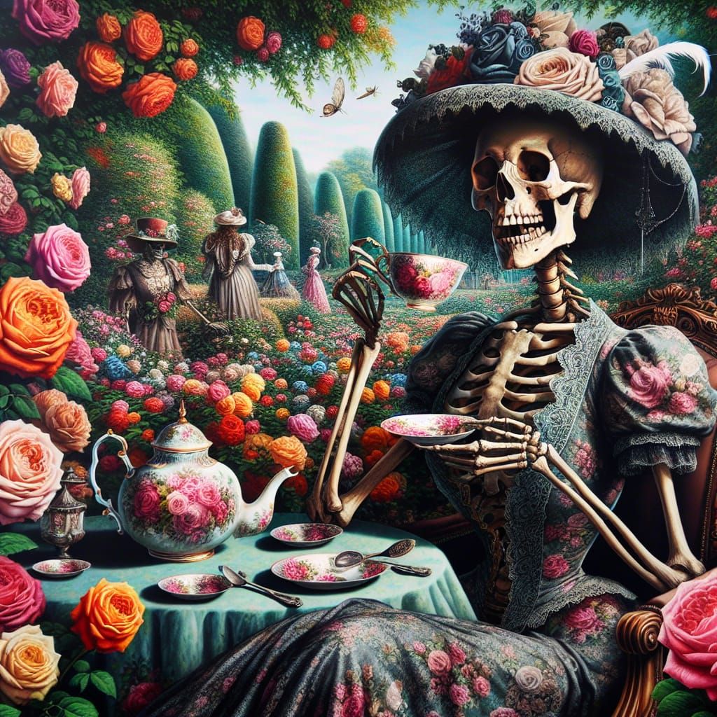 Elegant Victorian Skeleton Sips Tea Among Vibrant Roses