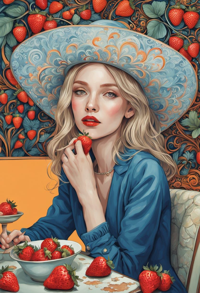 Woman with Strawberry Hat in Whimsical Style