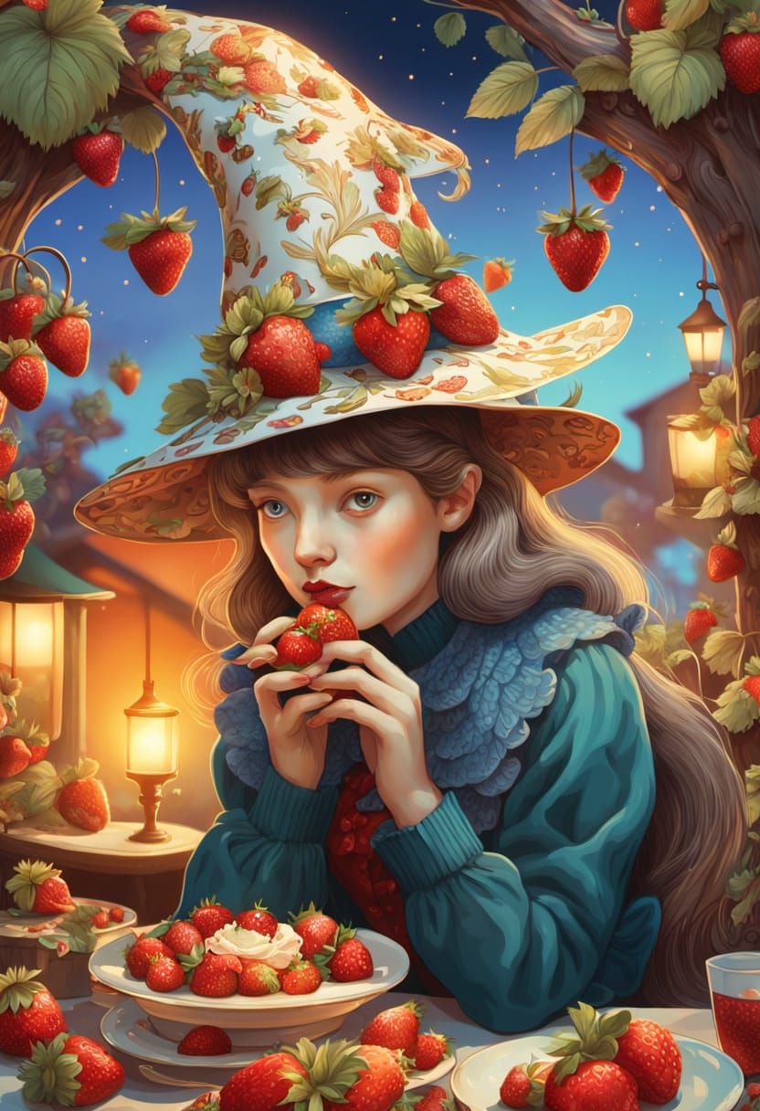 Whimsical Woman with Strawberry Hat and Squirrel