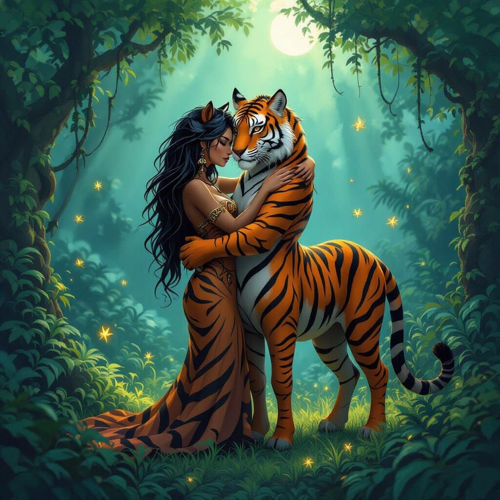 Fantasy Hybrid Creatures Embrace in Bioluminescent Jungle