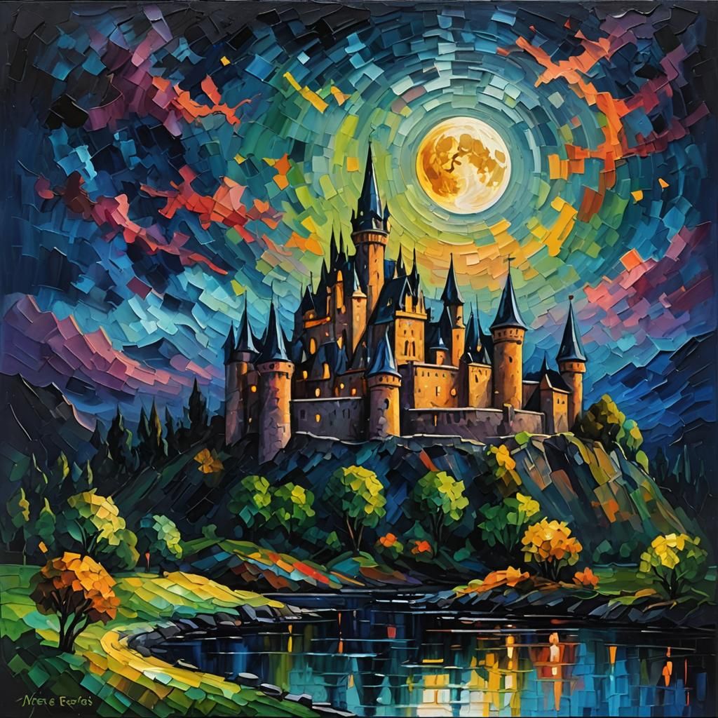 Full Moon Castle in Expressionist Oil Painting