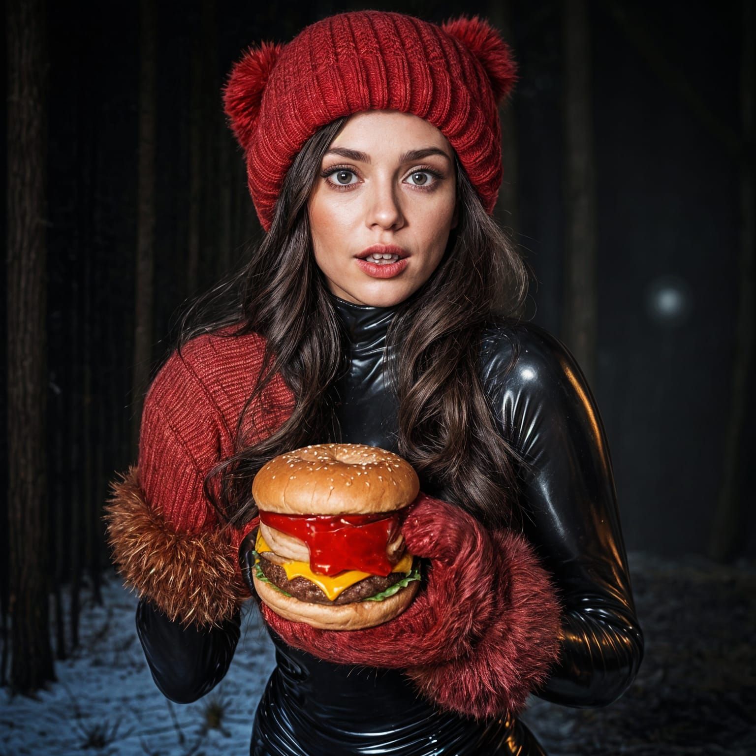 Surprised Brunette Eats Burger in Foggy Forest