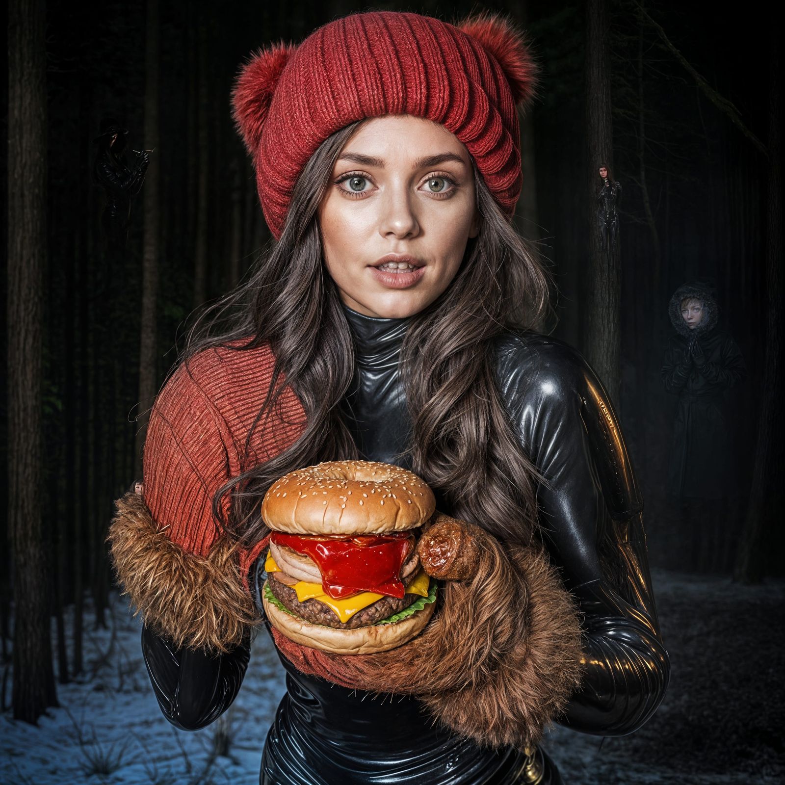 Surprised Brunette Eating Hamburger in Foggy Forest