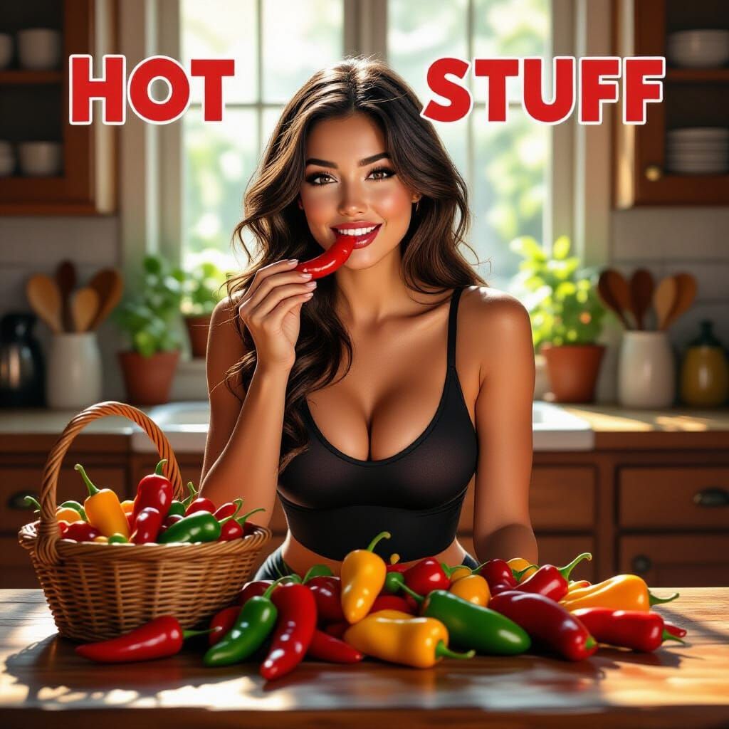 Voluptuous Woman Eats Chili Pepper, Hot Stuff Display