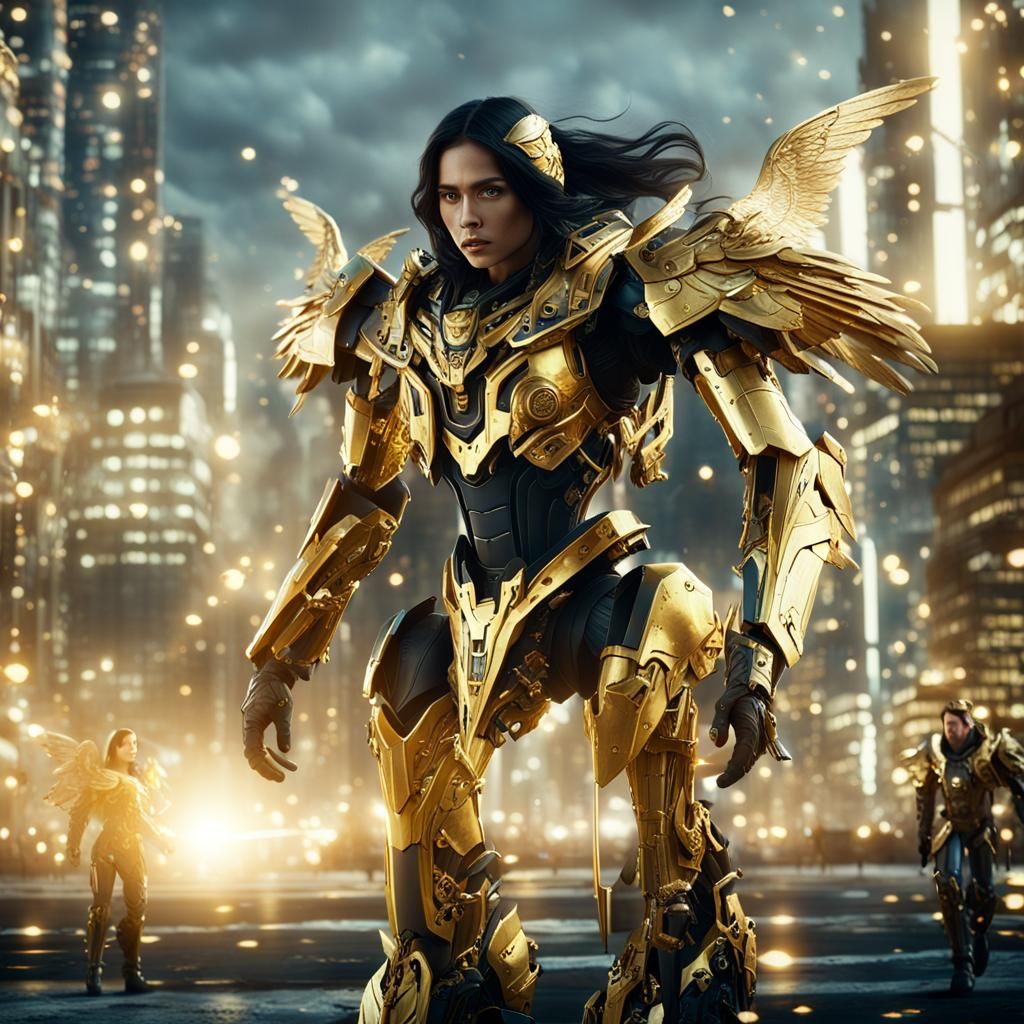 Sci-Fi Angel Rides Armored Pegasus