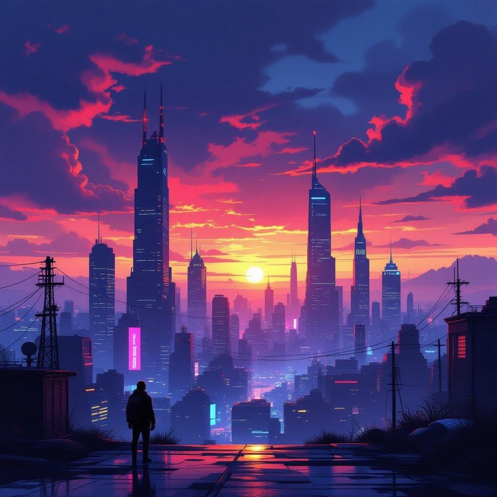 Dystopian Cityscape Sunset: Digital Painting