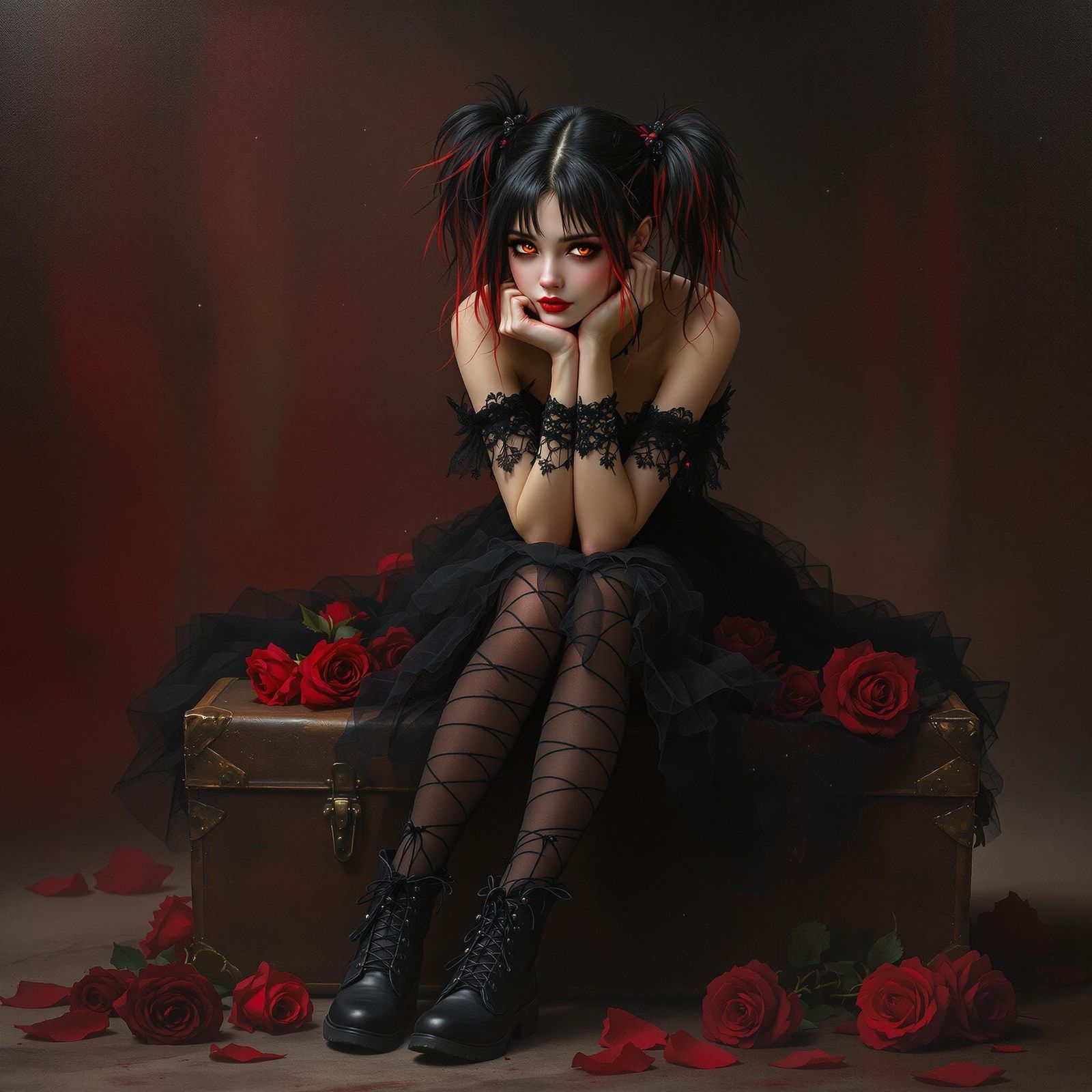 Gothic Whimsy in Oil Painting: Mysterious Maiden with Black...