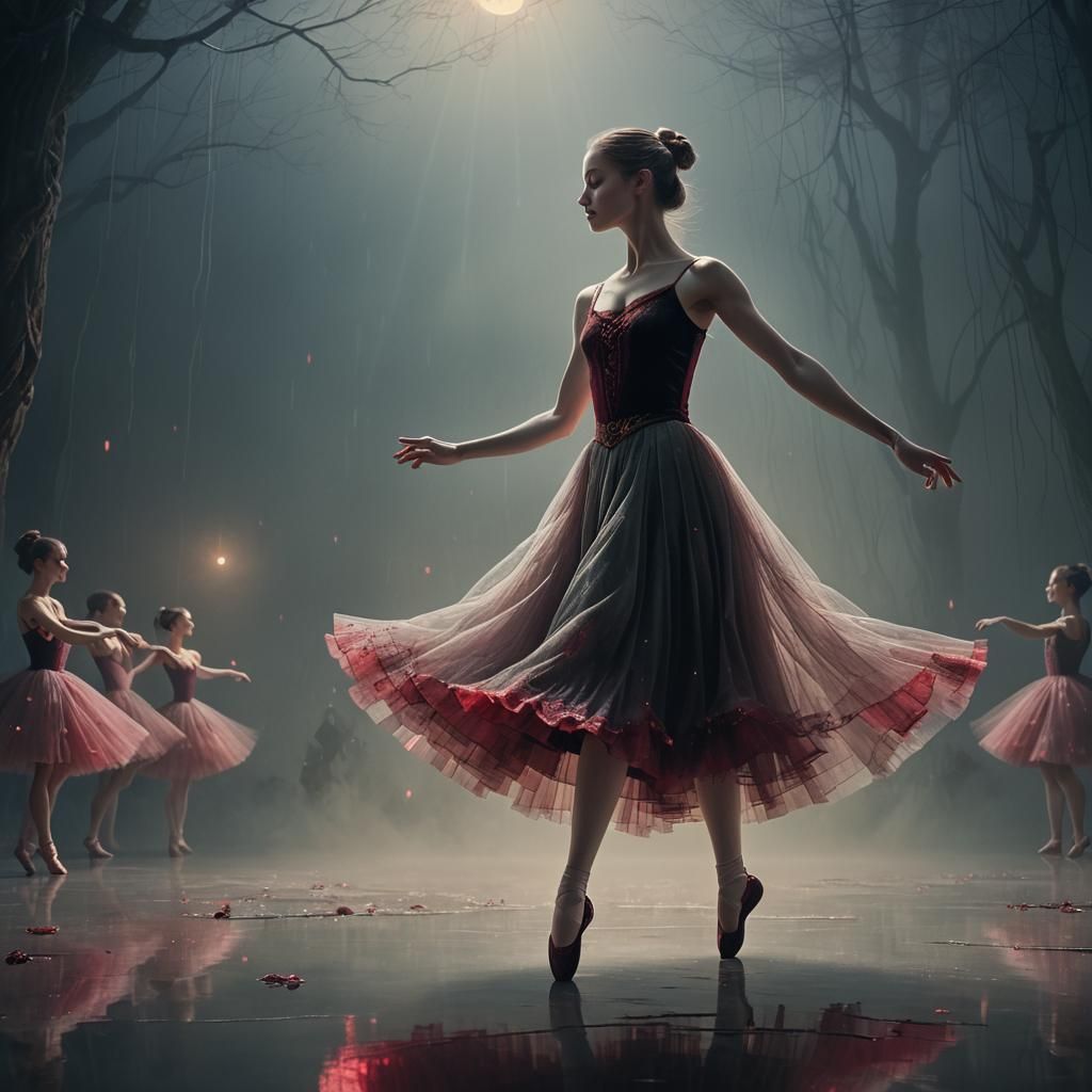 Ballerina with Ruby Shoes on Moonlit Stage