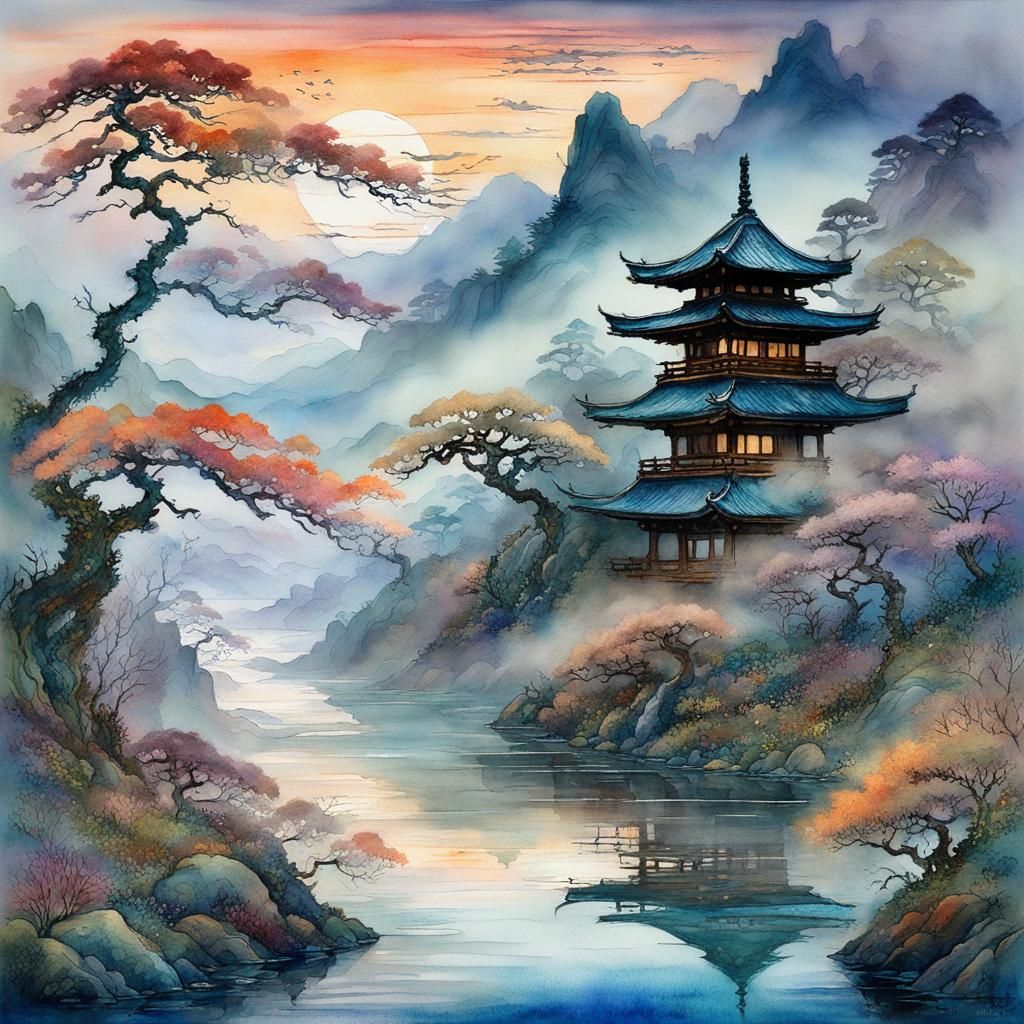 Misty Japanese Landscape in Watercolor Style