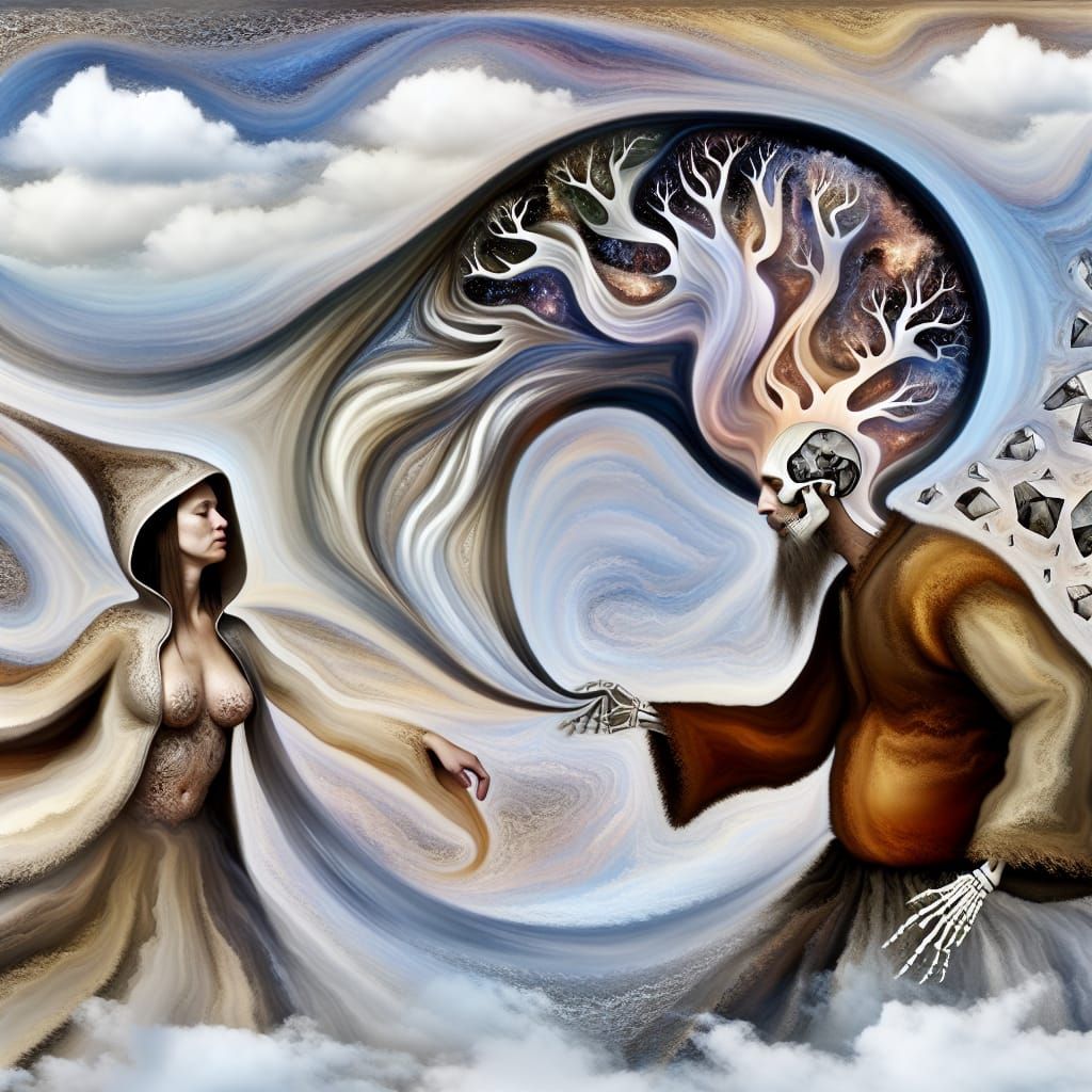 Symbiotic Dance in Dreamlike Landscape