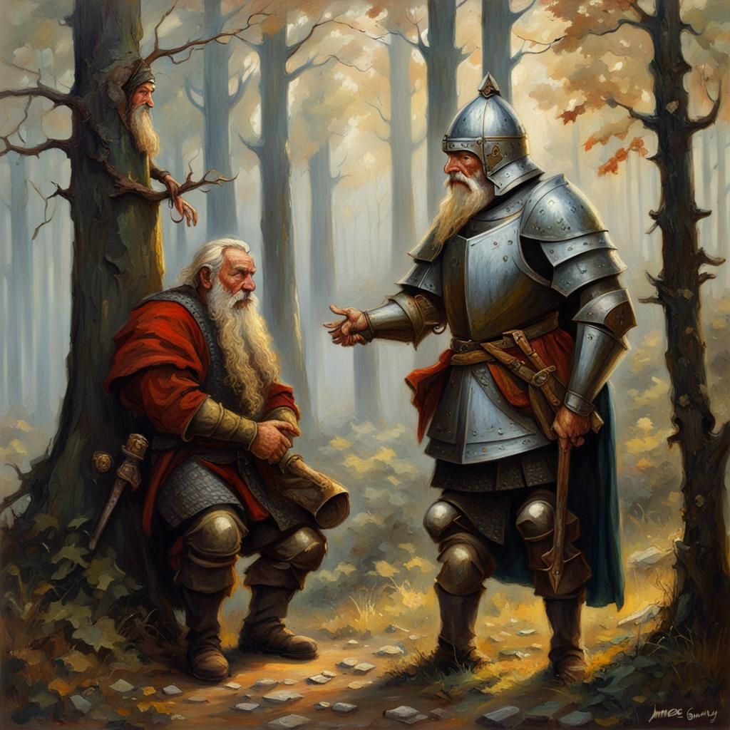 Knight and Dwarf in Woods, Oil Painting