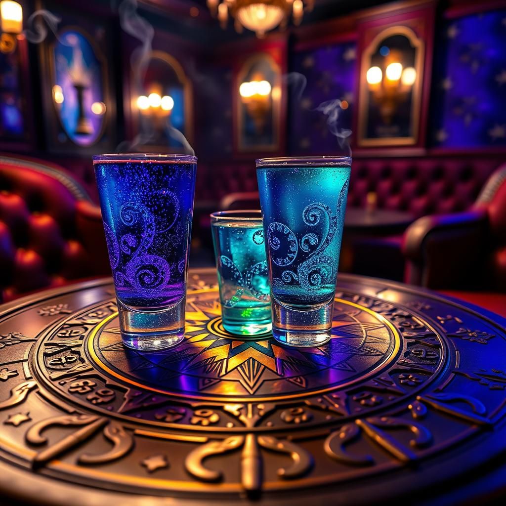 Cosmic Shot Glasses in Dreamlike Cigar Lounge