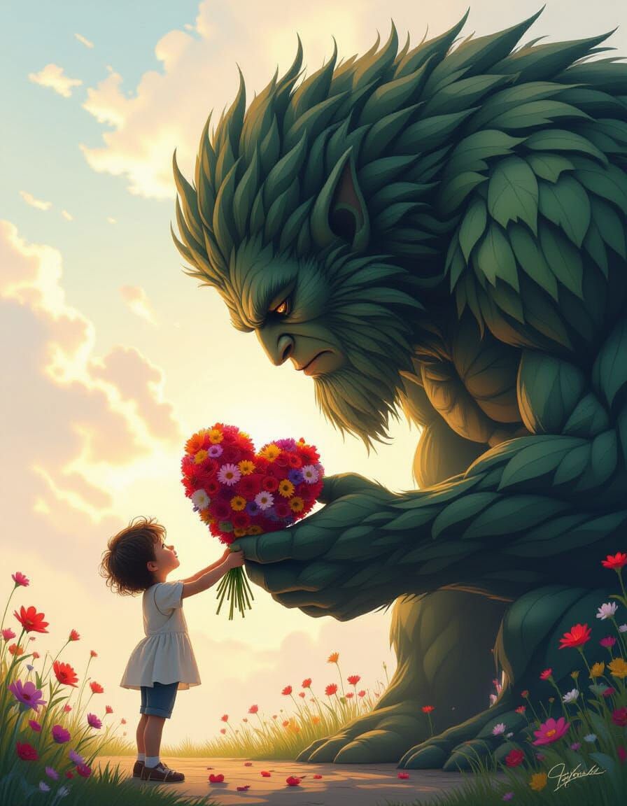 Child Offers Flowers to Lonely Giant in Splash Art Style