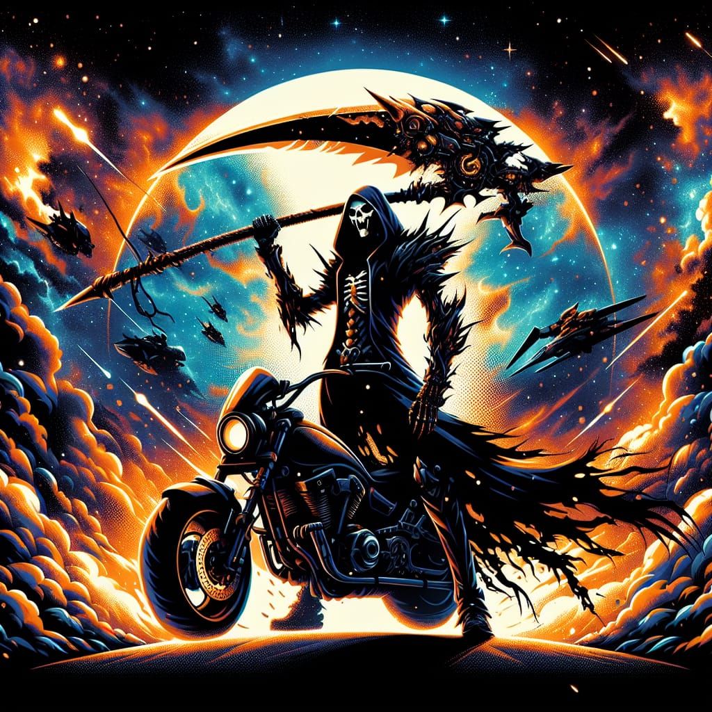 Epic Reaper on Flaming Motorcycle in Manga Style