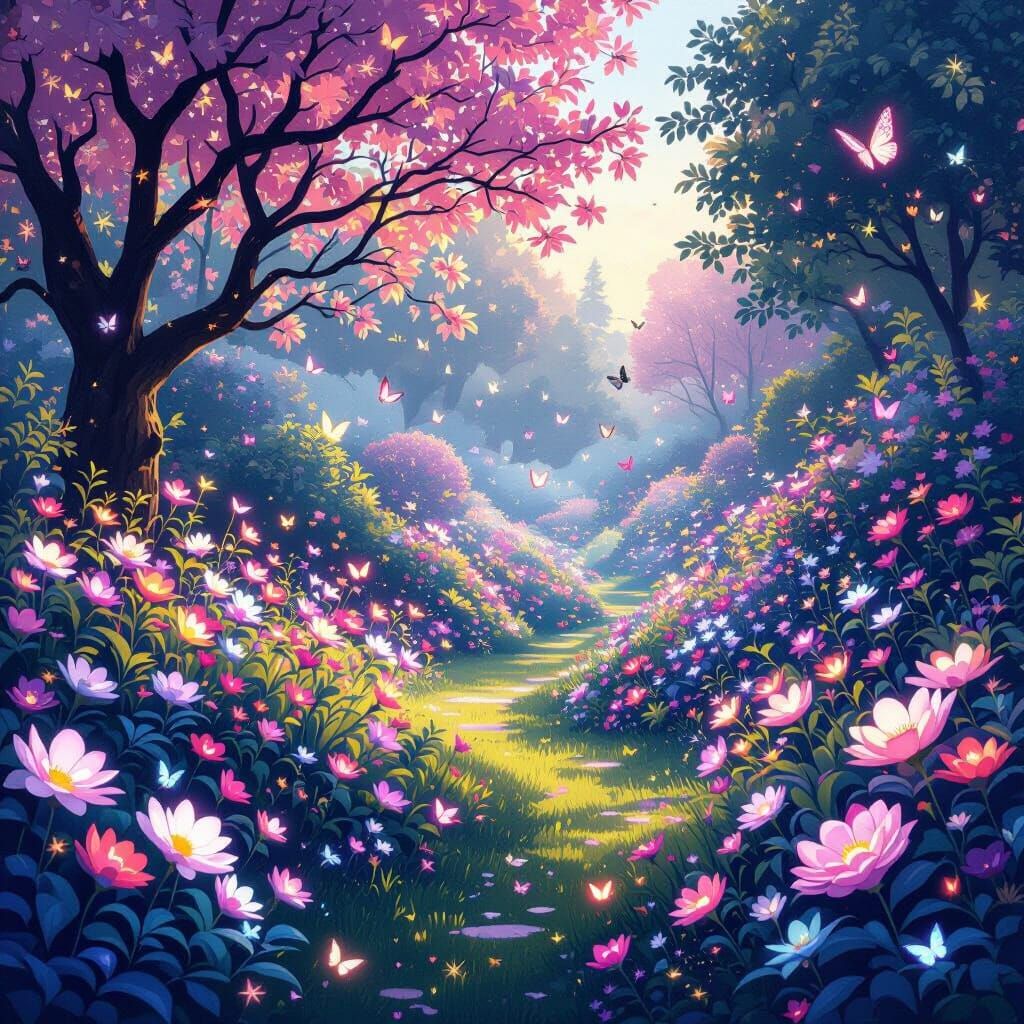 Ethereal Garden with Glowing Flora and Butterflies