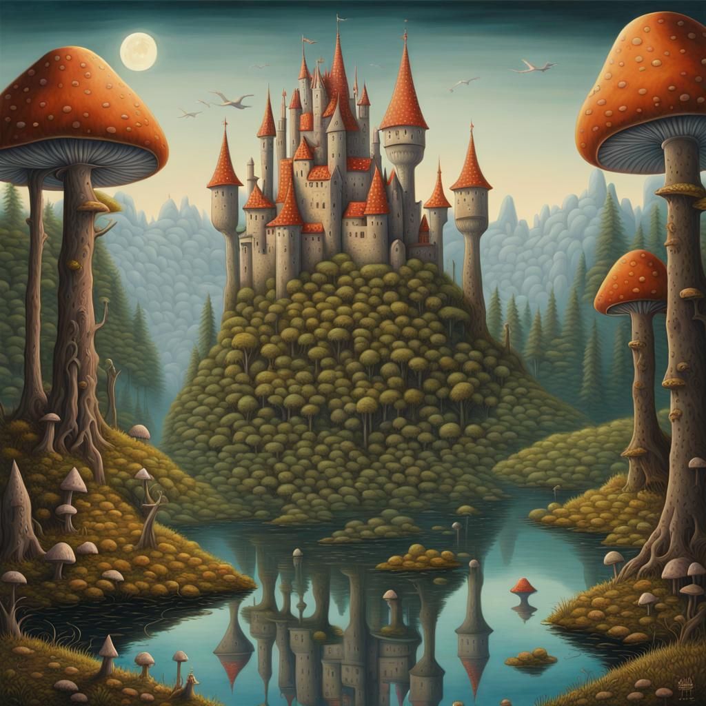 Mystical Forest Castle in Yerka-Inspired Landscape