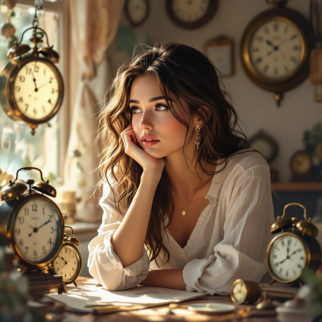 Nostalgic Woman Surrounded by Vintage Timepieces