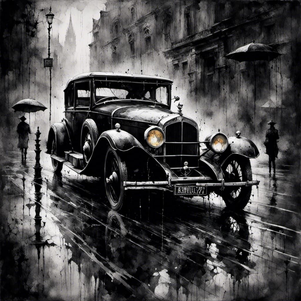 Vintage Car on Rainy City Street