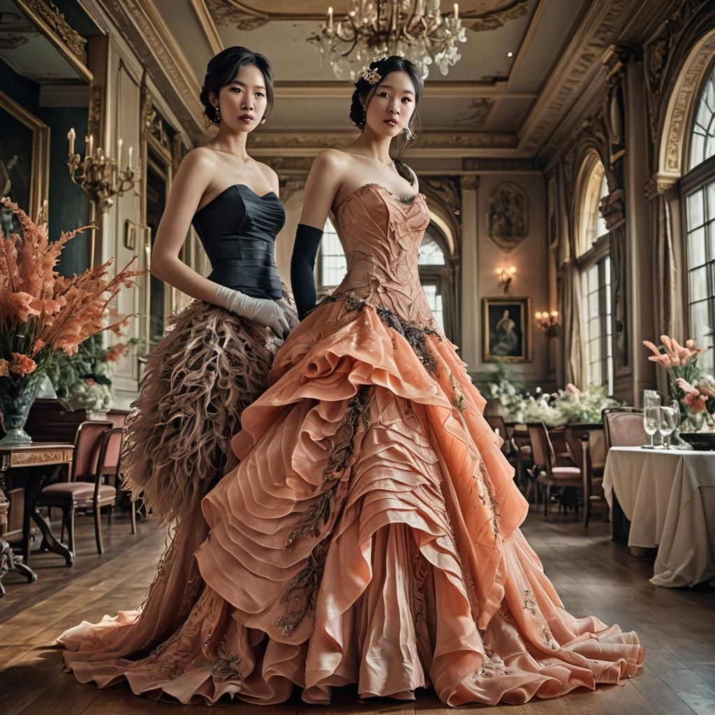 Salmon Sashimi Dress in Ballroom, Hyperrealistic Style