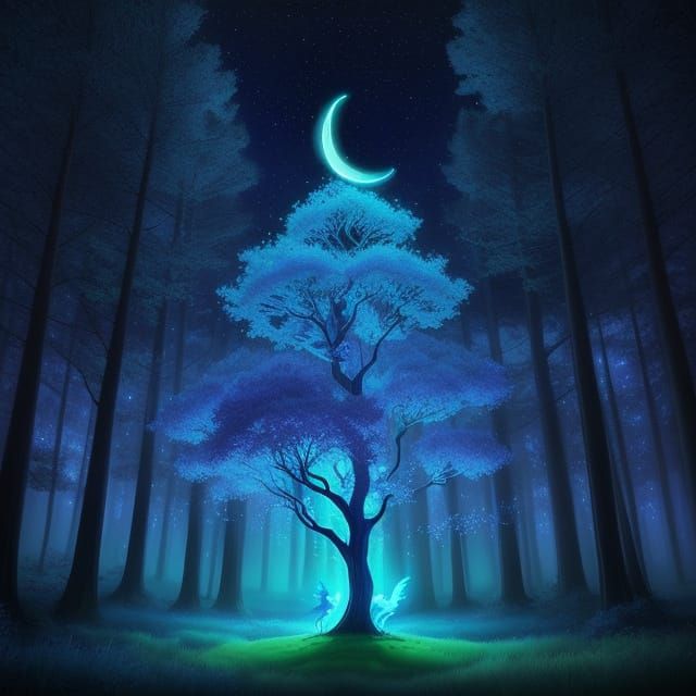 Whimsical Fantasy Scene with Magical Tree and Unicorns