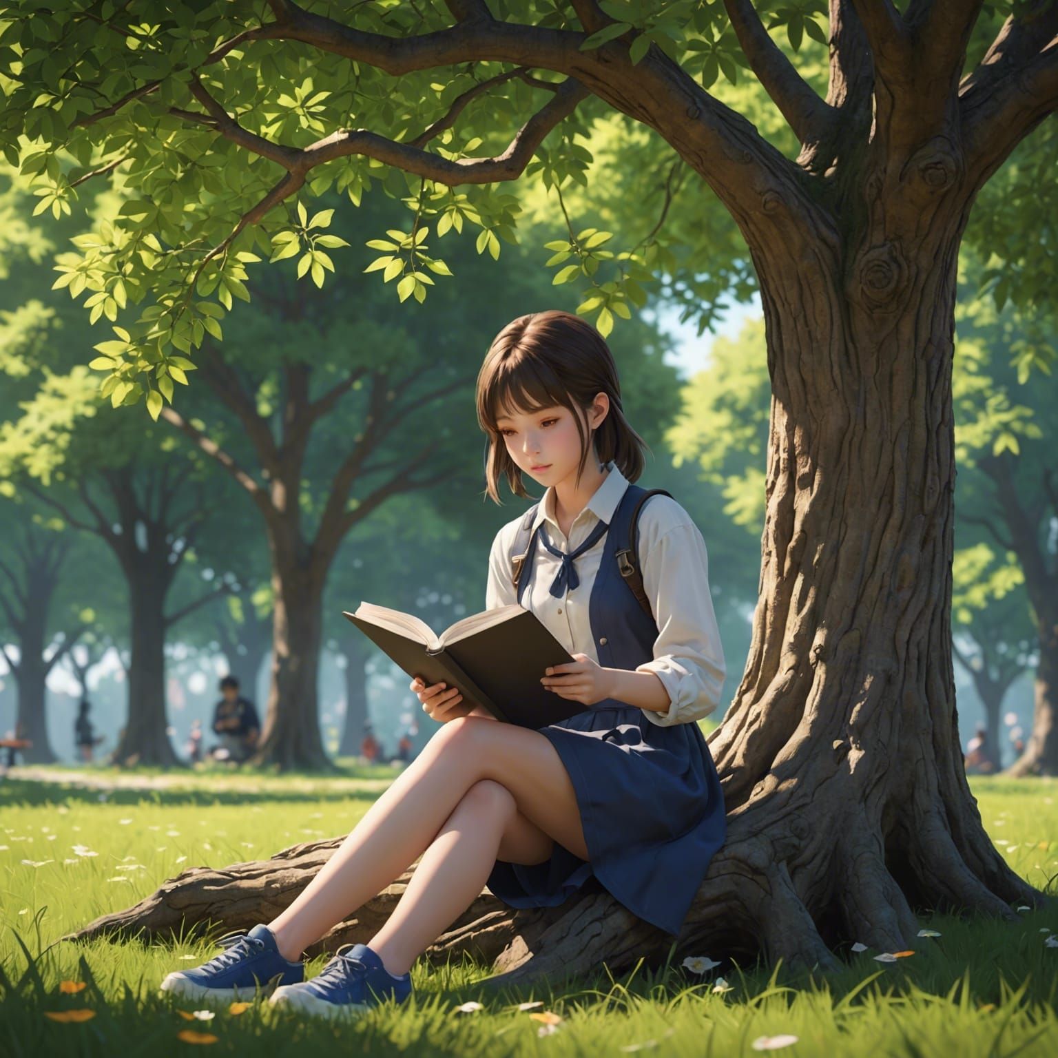 Girl Reading Under Tree in Detailed 3D Anime Art