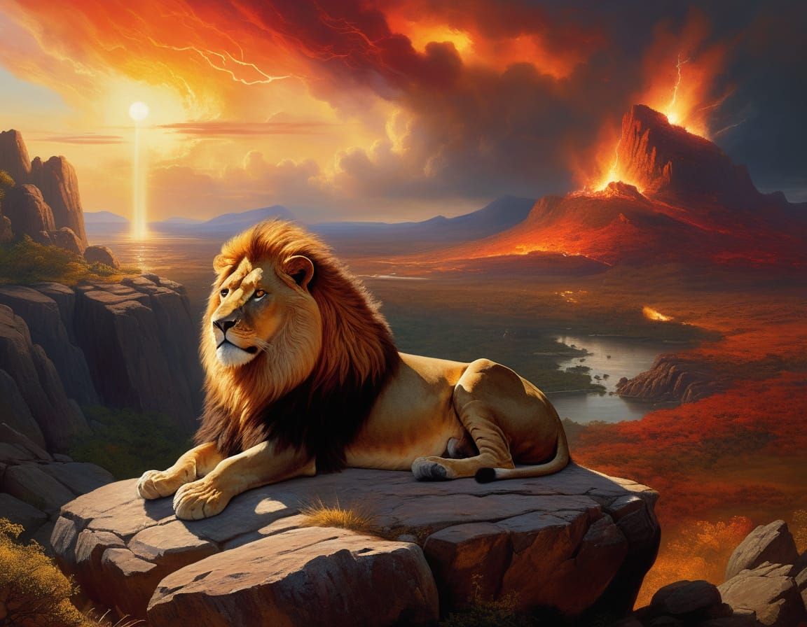 Lion with Mane of Fire Overlooking Savannah