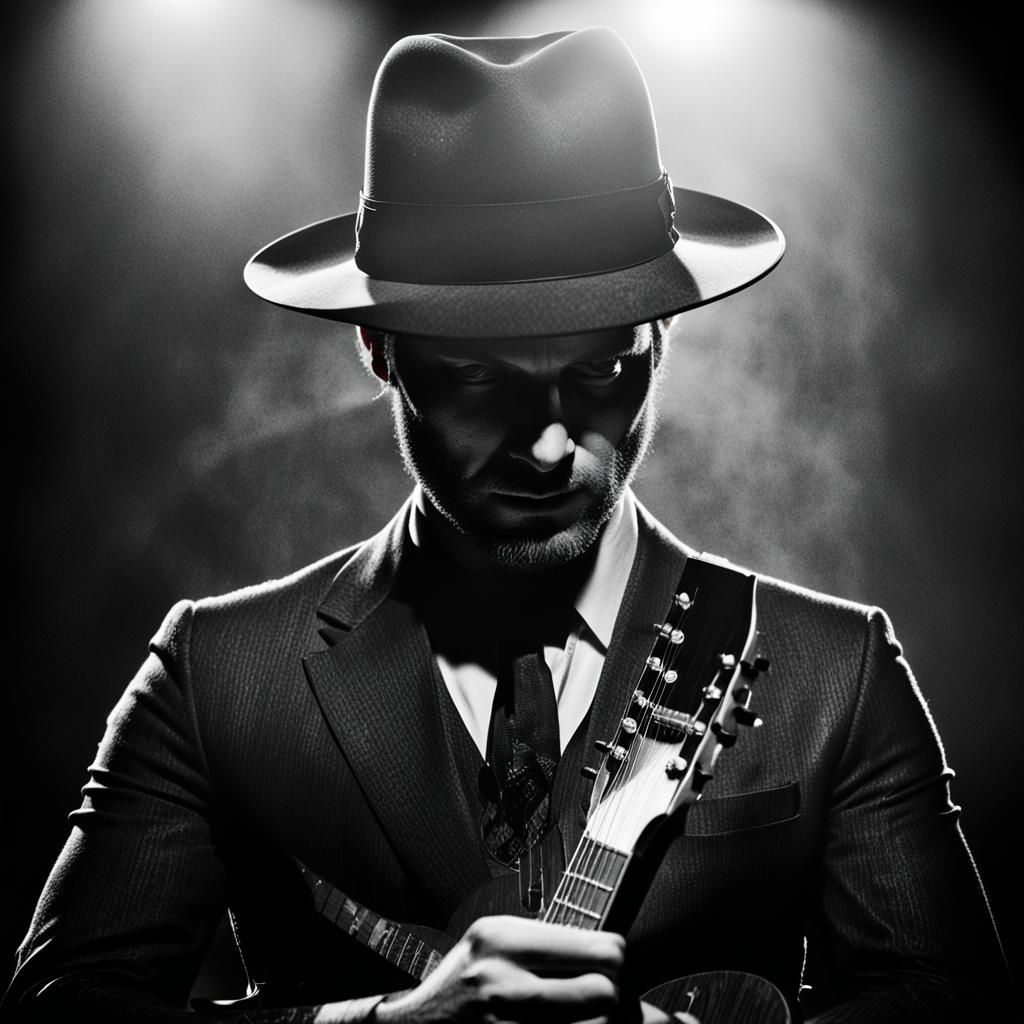 Monochromatic Portrait of Guitarist on Stage