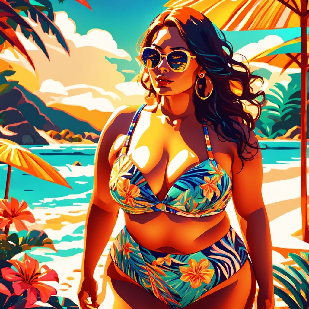 Curvy Woman on Beach: Fauvist Digital Art