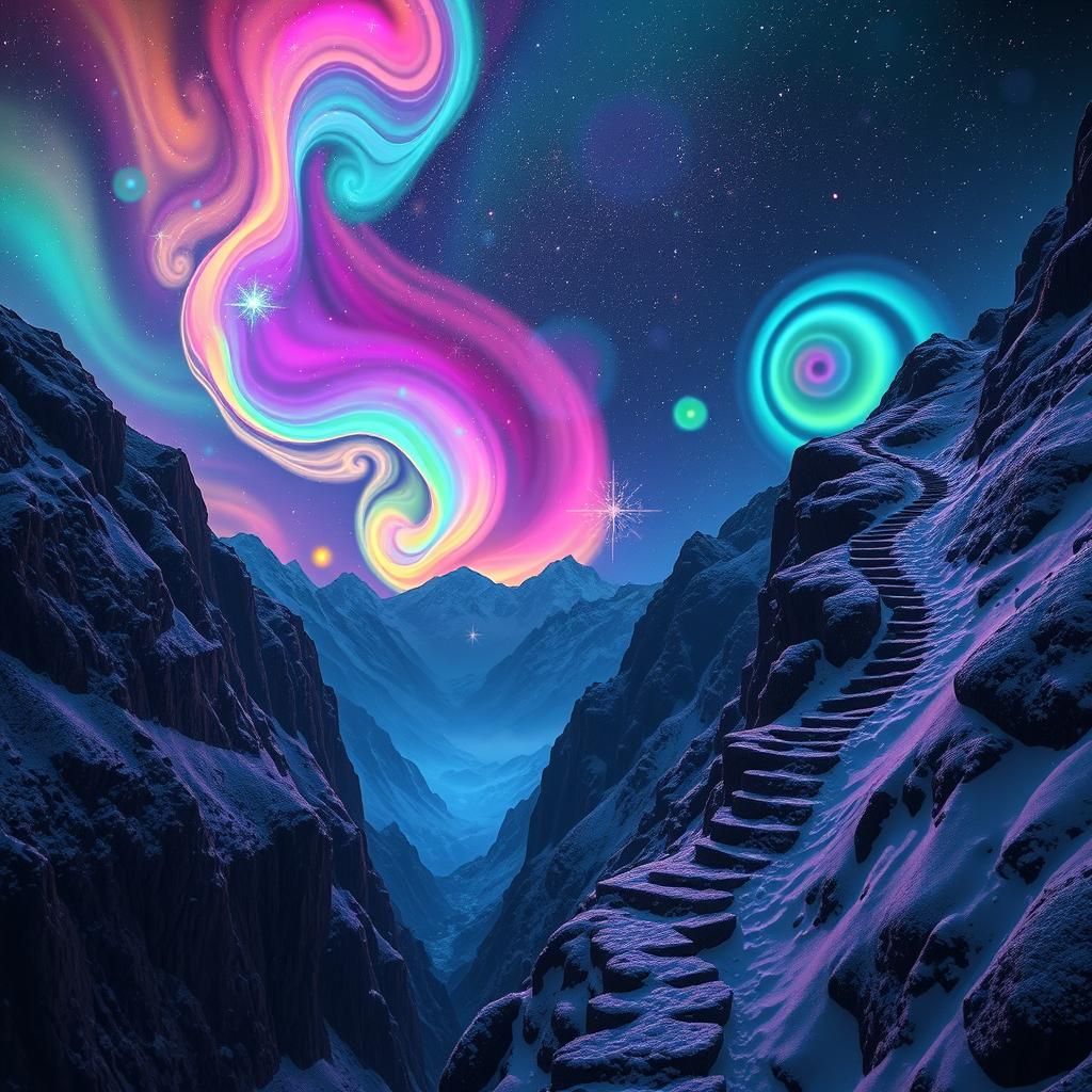 Dangerous Cliffside Path Under Neon Aurora